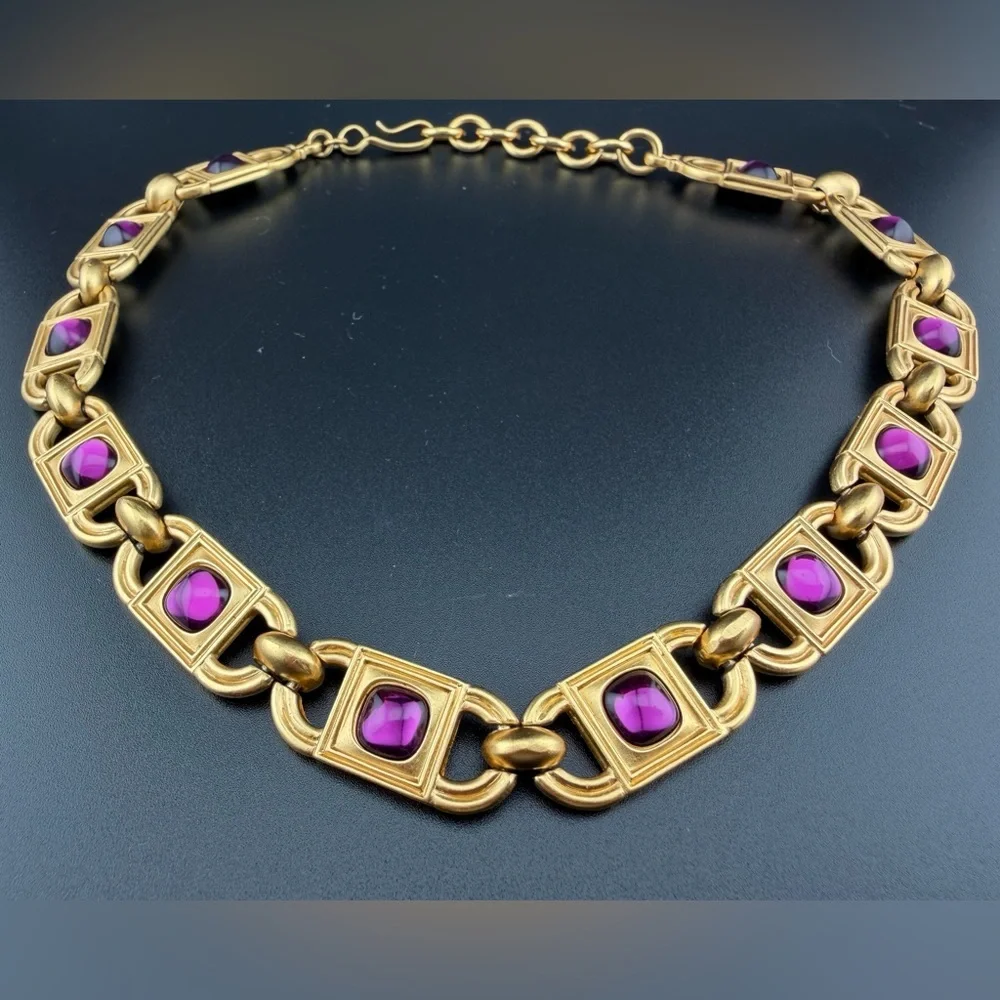 Monet for YSL 1980s Amethyst Glass Cabochon Link Necklace and earrings 68g - Picture 5 of 14